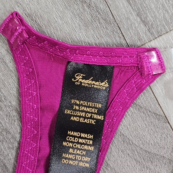 Frederick's of Hollywood Hot Pink Satin Thong with Clear Side Adjustable Slider - Picture 4 of 5